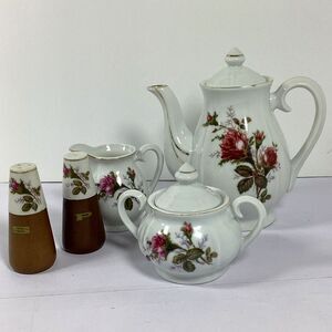 Nevco Japan Moss Rose Tea Set Pot Creamer Sugar Bowl Salt Pepper Shakers Vtg
